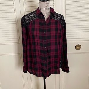 Express burgundy red flannel lace detail long sleeve button up blouse